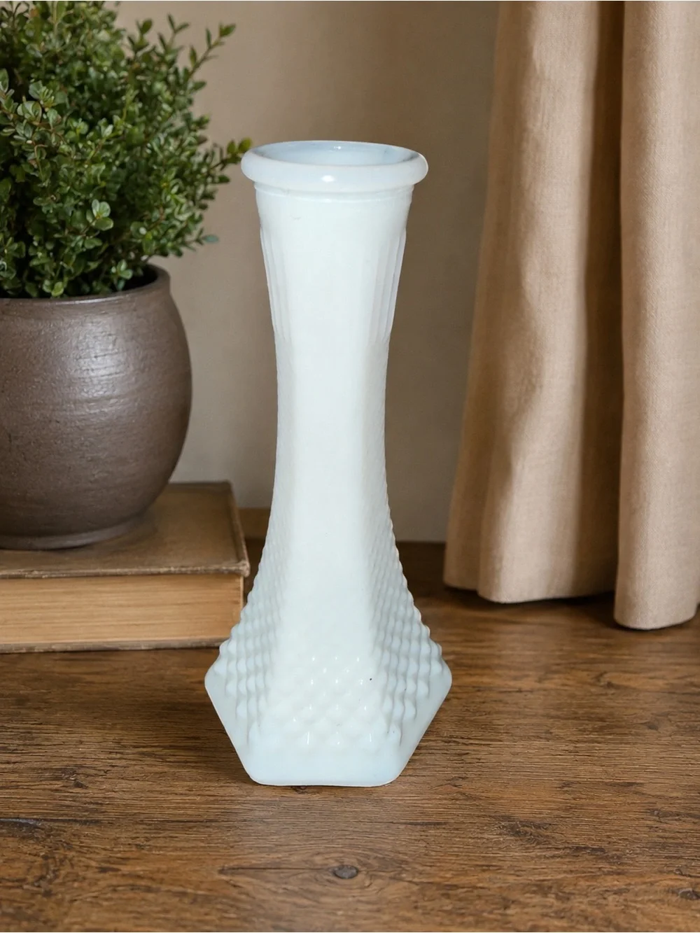 Vintage Hoosier Glass 4063C White Milk Glass Bud Vase Diamond Hex Base